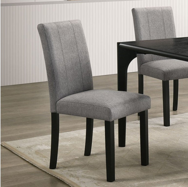 Waldo Transitional Style Black Gray Dining Chair Gray upholstered dining chair with black legs in a room setting.