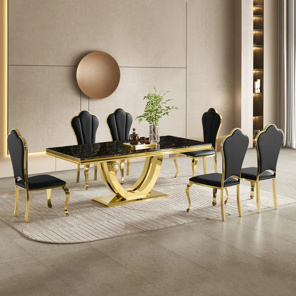 #Black & Gold  Dining room set with a black and gold table and chairs in a modern interior.