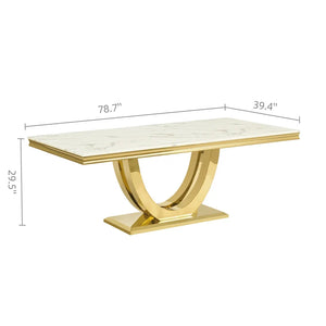 #White & Gold  A console table with a white marble top and a polished gold U-shaped metal base, shown with dimension lines indicating 78.7 inches in width, 39.