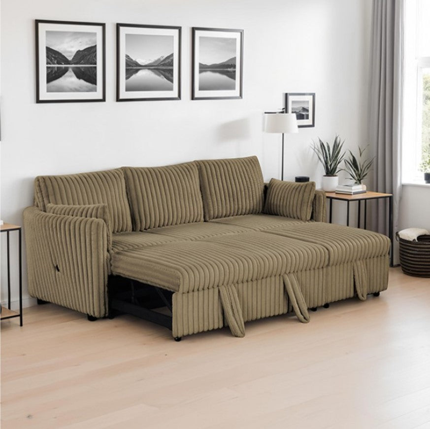 Wren Brown L Shaped Pull-Out Sleeper Sectional Sofa Beige sectional sofa in a living room with decor elements.