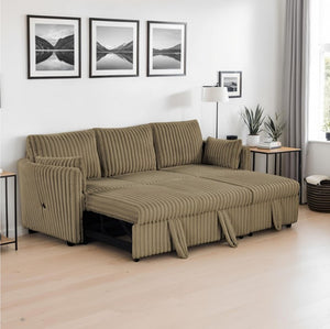 Wren Brown L Shaped Pull-Out Sleeper Sectional Sofa Beige sectional sofa in a living room with decor elements.