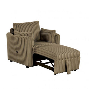 Wren Brown Pull-Out Sleeper Chair Brown ribbed armchair with ottoman on a white background