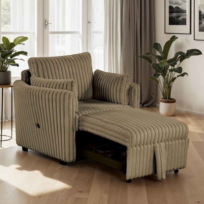 Wren Brown Pull-Out Sleeper Chair Beige ribbed armchair with ottoman in a bright living room with plants and curtains.