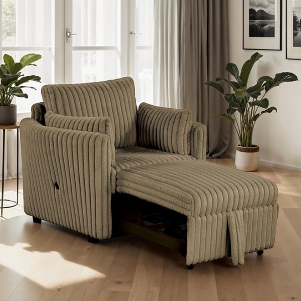 Wren Brown Pull-Out Sleeper Chair Beige ribbed armchair with ottoman in a bright living room with plants and curtains.