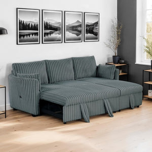 Wren Dark Gray L Shaped Pull-Out Sleeper Sectional Sofa Gray sofa bed in a living room with wall art and decor.