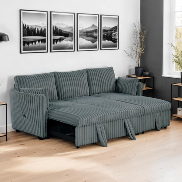 Wren Dark Gray L Shaped Pull-Out Sleeper Sectional Sofa Gray sofa bed in a living room with wall art and decor.