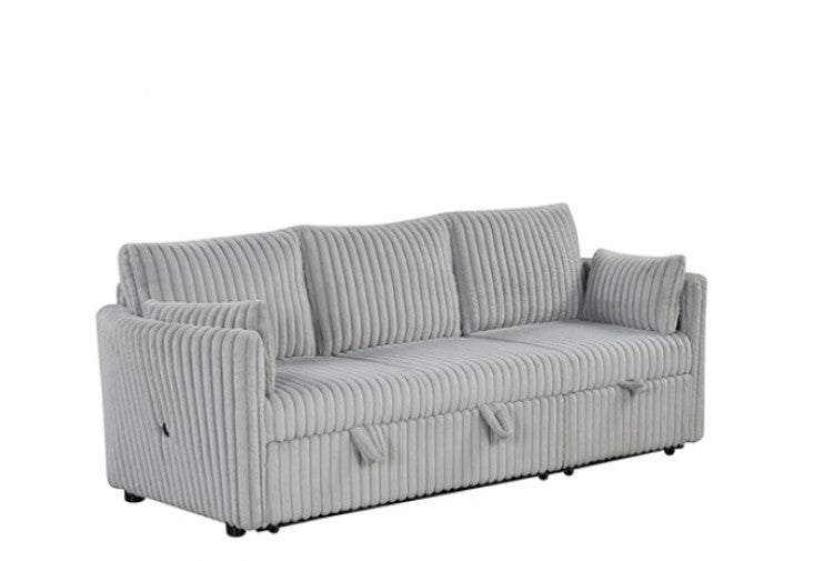 Wren Gray L Shaped Pull-Out Sleeper Sectional Sofa Gray sectional sofa in a living room with framed pictures on the wall.