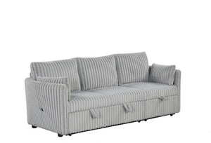 Wren Gray L Shaped Pull-Out Sleeper Sectional Sofa Gray striped sofa on a white background
