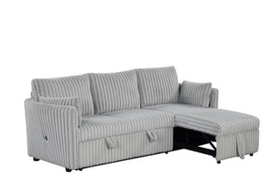Wren Gray L Shaped Pull-Out Sleeper Sectional Sofa Gray sectional sofa with chaise on a white background