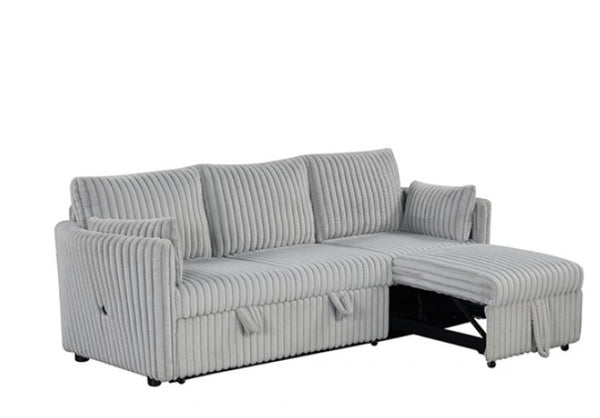 Wren Gray L Shaped Pull-Out Sleeper Sectional Sofa Gray sectional sofa with chaise on a white background