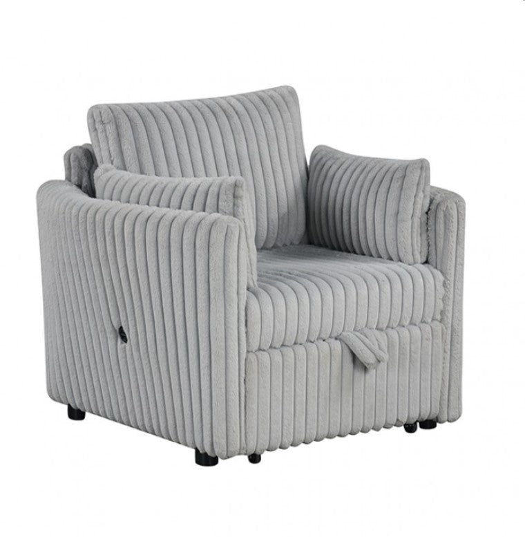 Wren Gray Pull-Out Sleeper Chair Gray upholstered chair with pull-out bed in a bright room with large windows.