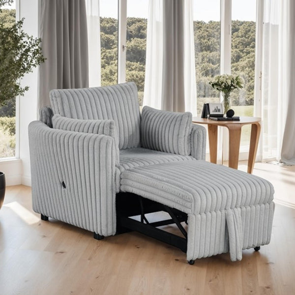 Wren Gray Pull-Out Sleeper Chair Gray upholstered chair with pull-out bed in a bright room with large windows.