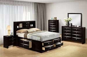 Modern bedroom set with black furniture including bed, nightstands, and dresser.