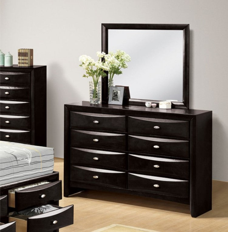 Zaven Transitional Black Mirror Dresser with a large mirror and decorative items on a plain wall.