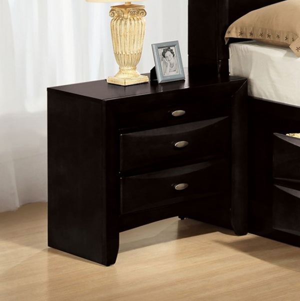 Zaven Transitional Black Storage Nightstand Black nightstand with two drawers in a bedroom setting.