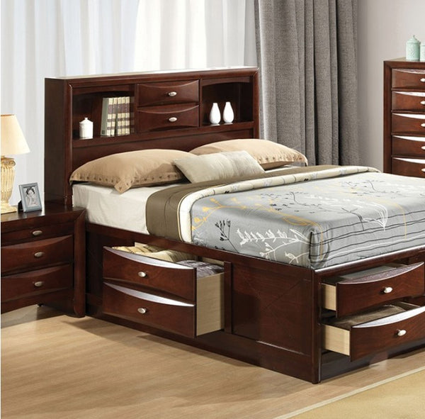 Zaven Transitional Dark Cherry Storage Bed with Bookcase Headboard Wooden bedroom set with bed, nightstands, and dresser in a room setting.