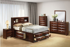Zaven Transitional Dark Cherry Storage Bed with Bookcase Headboard Wooden bedroom furniture set with bed, dressers, and nightstands in a room.