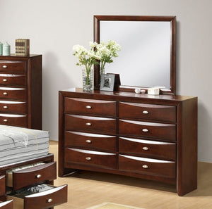 Zaven Transitional Dark Cherry Storage Dresser Wooden dresser with multiple drawers and a mirror in a bedroom setting.