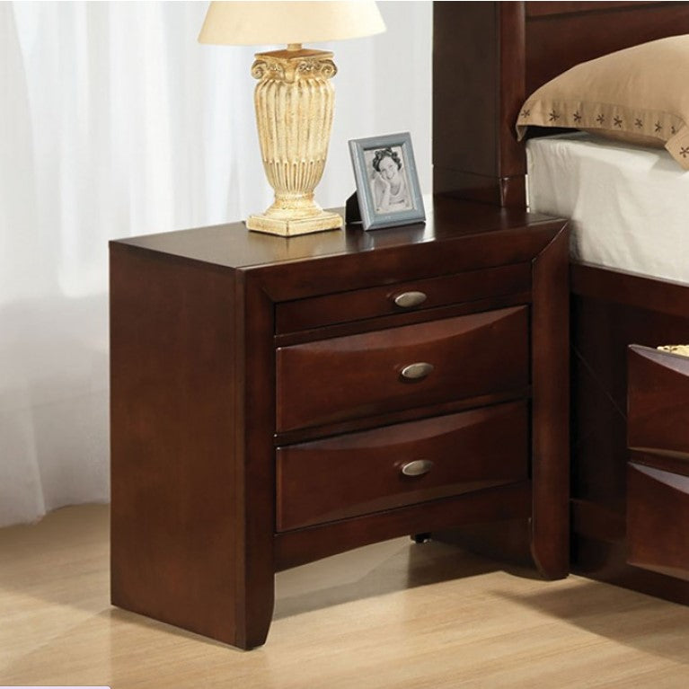Zaven Transitional Dark Cherry Storage Nightstand Wooden nightstand with two drawers next to a bed in a bedroom setting.