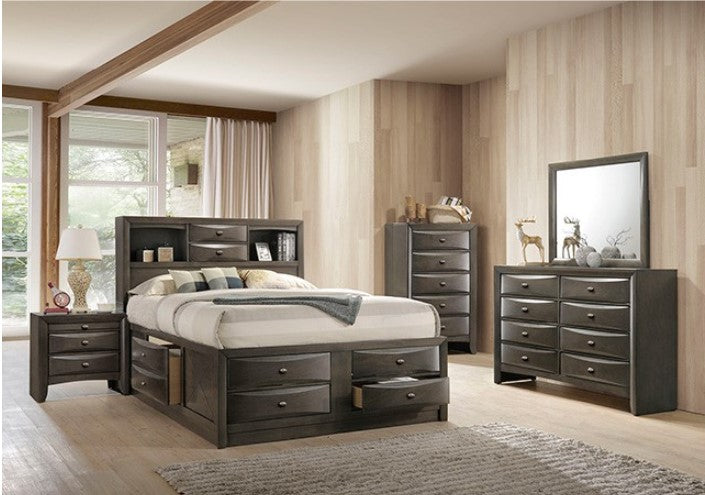 Zaven Transitional Gray Storage Nightstand Dark wood nightstand with two drawers in a bedroom setting.