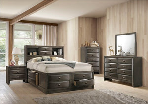 Gray bedroom furniture set with bed, dresser, and nightstands in a room with large windows.