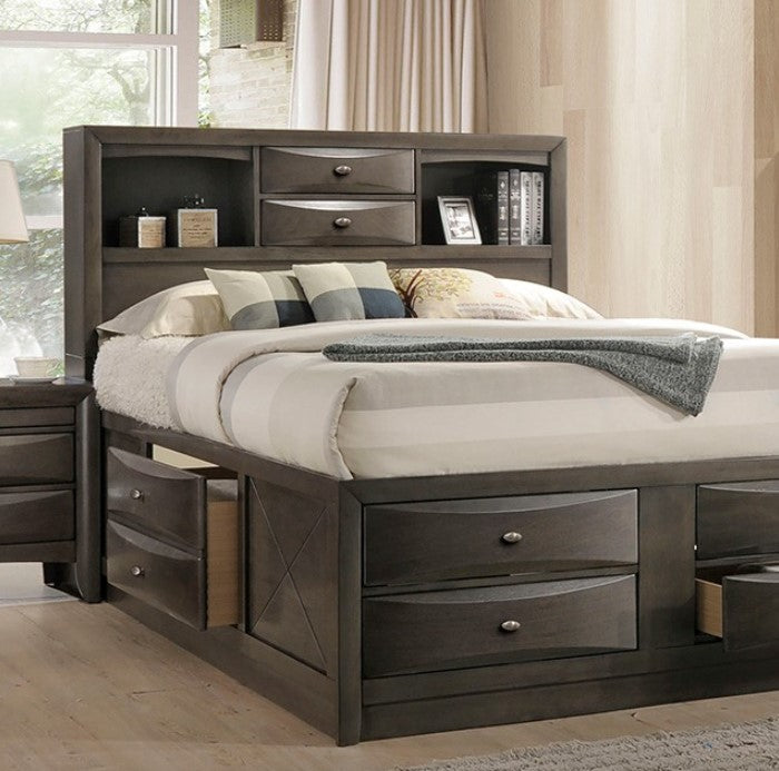 Zaven Transitional Gray Storage Bed with Bookcase Headboard Wooden bed with storage drawers in a bedroom setting