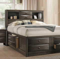 Zaven Transitional Gray Storage Bed with Bookcase Headboard Wooden bed with storage drawers in a bedroom setting