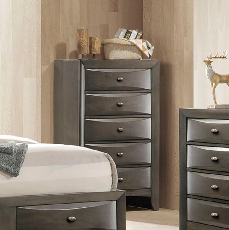 Zaven Transitional Gray Storage Chest Gray bedroom furniture set with two dressers and a bed against a neutral wall.