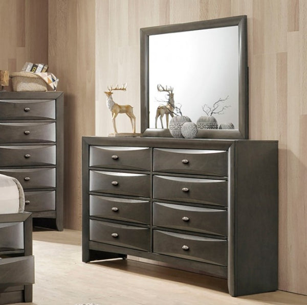 Zaven Transitional Gray Storage Dresser Gray dresser with mirror in a room setting