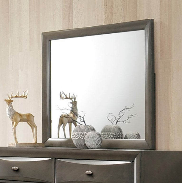 Zaven Transitional Gray Mirror Decorative mirror with deer and pumpkin design on a wooden surface