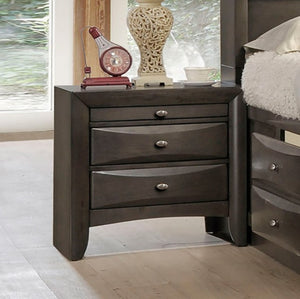 Zaven Transitional Gray Storage Nightstand Dark wood nightstand with two drawers in a bedroom setting.