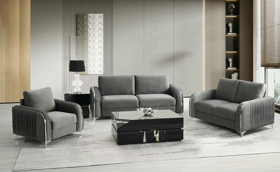 Gray sofa set in a modern living room with a coffee table.